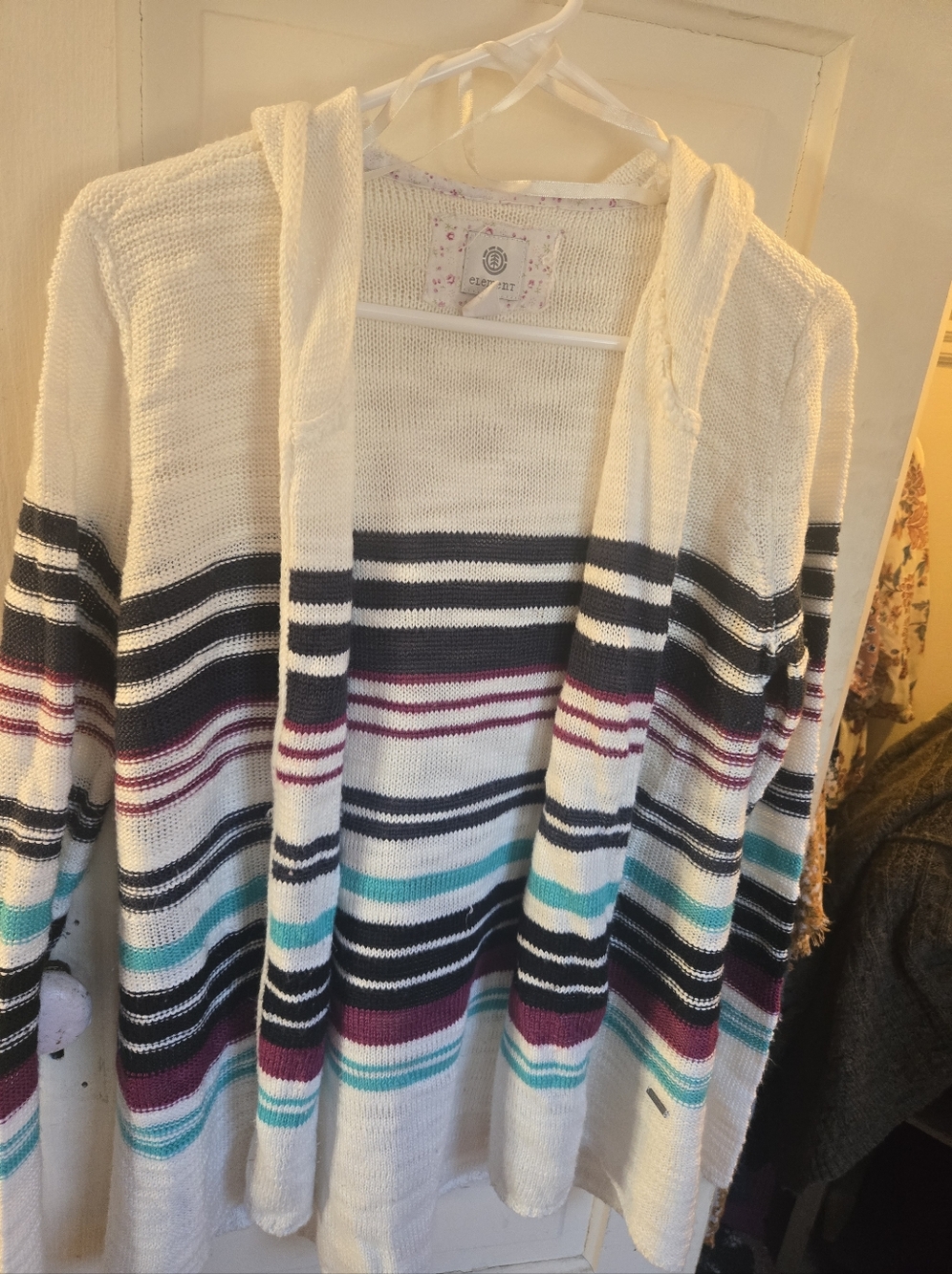 Element Cream Hooded Cardigan with Black, Teal, and Plum Stripes
